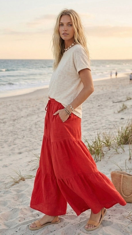 Tiered Linen Blend Palazzo Pants
