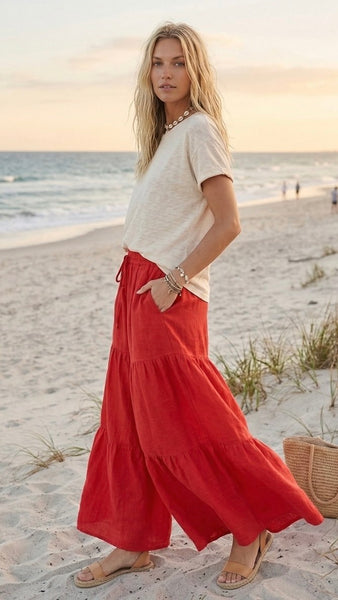 Tiered Linen Blend Palazzo Pants