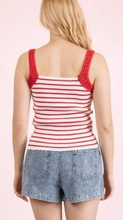 Crochet Trim Rib Knit Stripe Tank Top