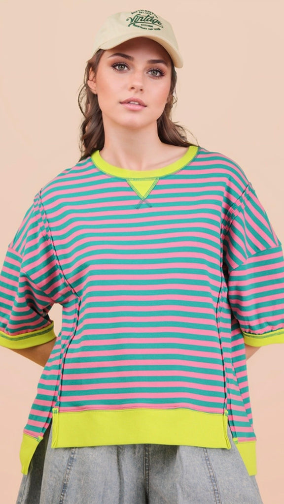 Stripe Step Hem Half Sleeve Top 2
