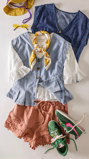 Pintuck Denim Button Front Top