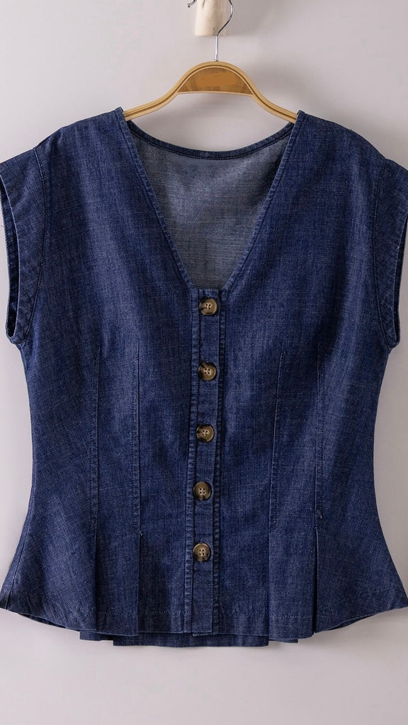 Pintuck Denim Button Front Top