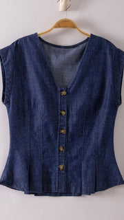 Pintuck Denim Button Front Top