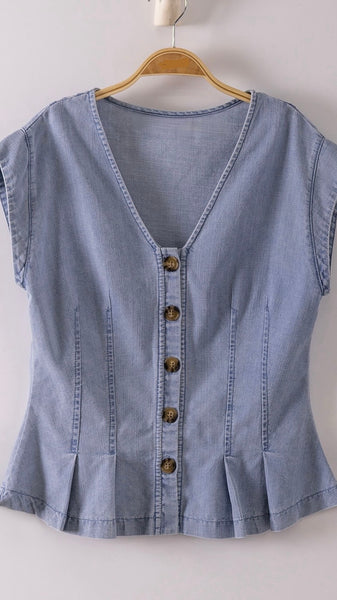 Pintuck Denim Button Front Top