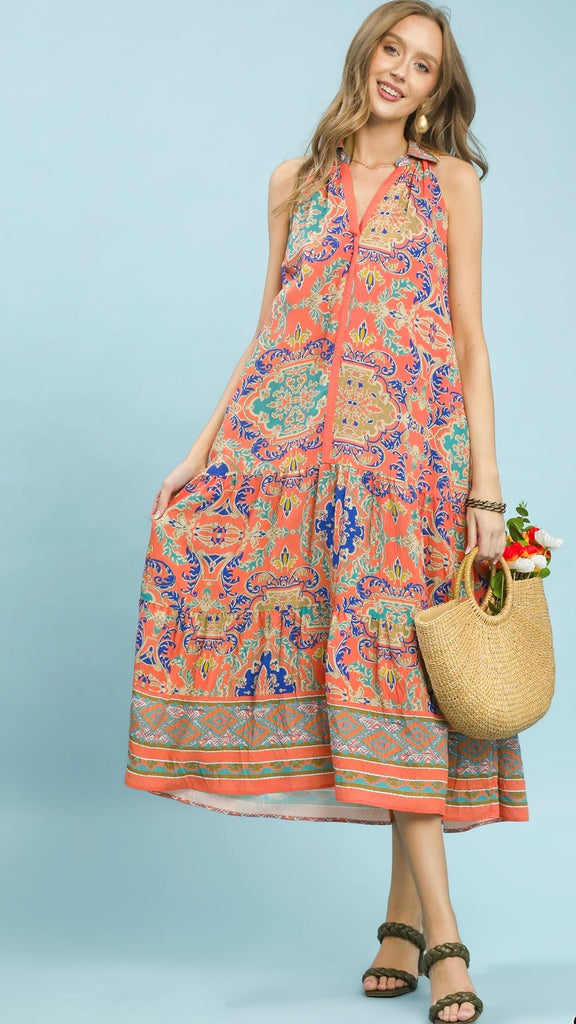Scroll Mixed Print Halter Midi Dress