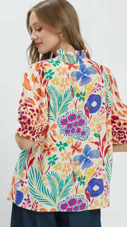 Multi-Floral Smocked Ruffle Trim Top