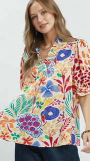 Multi-Floral Smocked Ruffle Trim Top