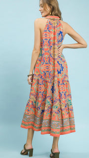 Scroll Mixed Print Halter Midi Dress