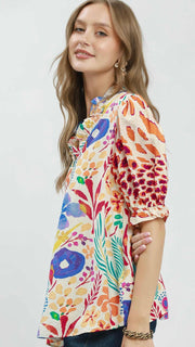 Multi-Floral Smocked Ruffle Trim Top