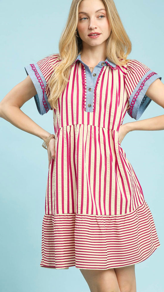 Seersucker Stripe Crochet Trim Dress