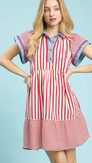 Seersucker Stripe Crochet Trim Dress