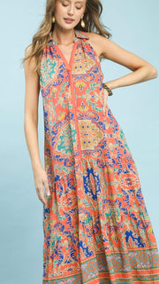 Scroll Mixed Print Halter Midi Dress
