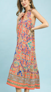 Scroll Mixed Print Halter Midi Dress