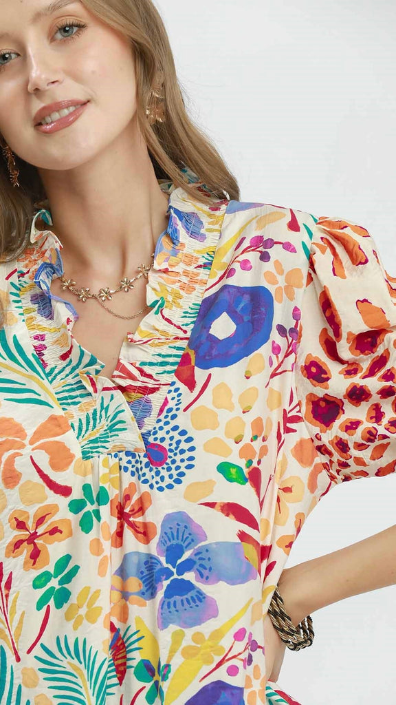 Multi-Floral Smocked Ruffle Trim Top