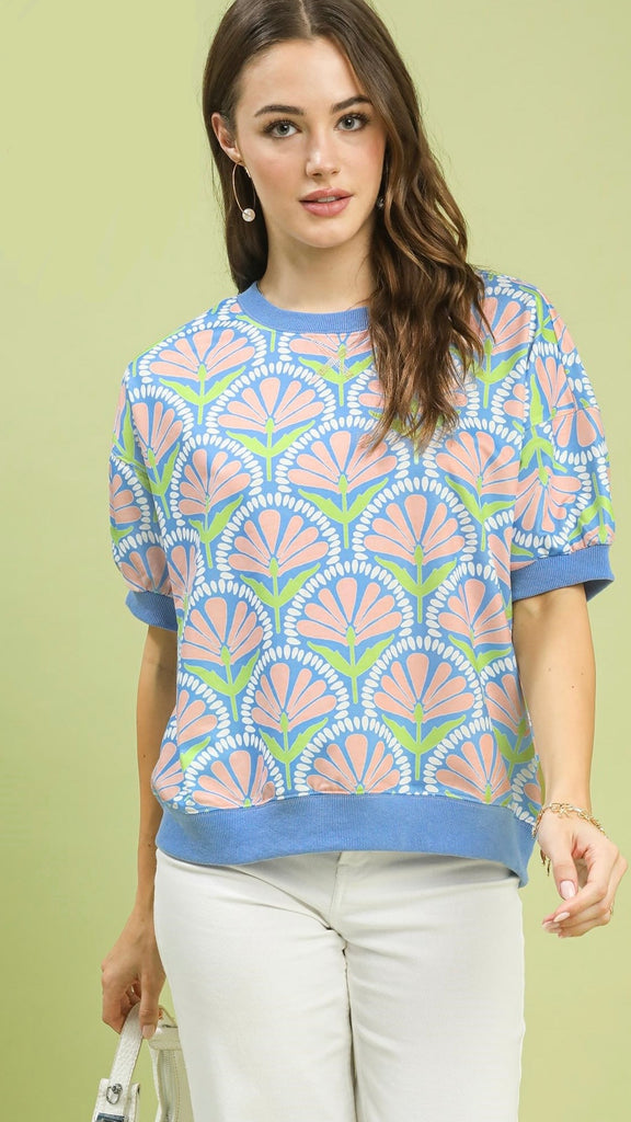 Floral Stem Banded Trim S/S Top