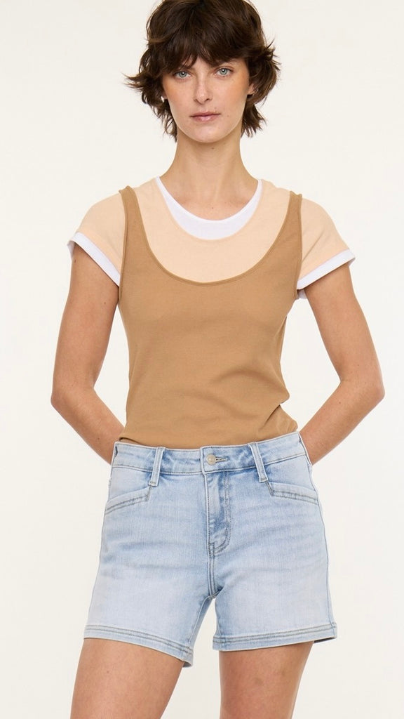 Mid Rise Slant Pocket Denim Shorts