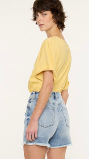 High Rise Fray Hem Stretch Denim Shorts