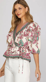 Paisley Side Tie Surplice Top