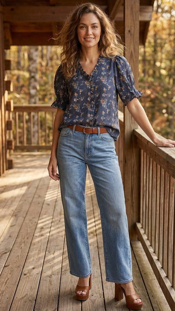 Cotton Floral Ruffle Trim Top