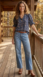 Cotton Floral Ruffle Trim Top