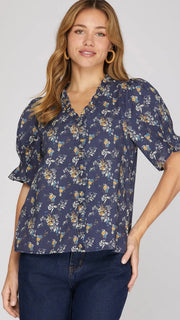 Cotton Floral Ruffle Trim Top