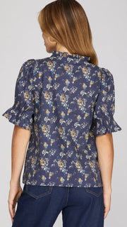 Cotton Floral Ruffle Trim Top