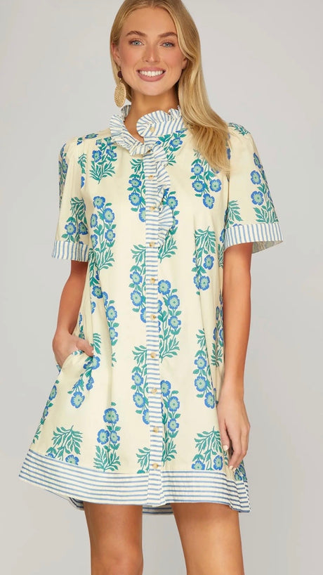 Floral Striped Ruffle Trim Dress