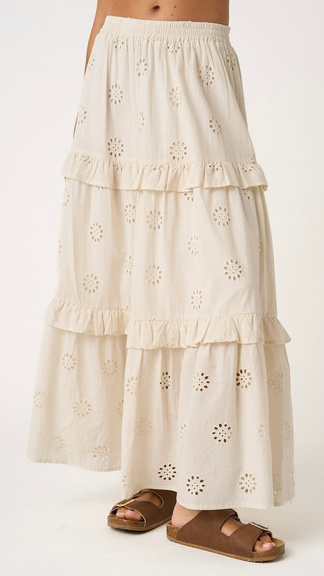 Eyelet Tiered Ruffle Maxi Skirt