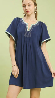 Stripe Trim Linen/Cotton Woven Dress