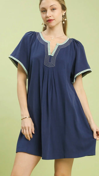 Stripe Trim Linen/Cotton Woven Dress