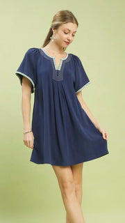 Stripe Trim Linen/Cotton Woven Dress