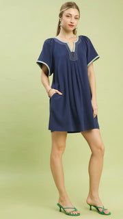 Stripe Trim Linen/Cotton Woven Dress