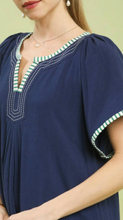 Stripe Trim Linen/Cotton Woven Dress