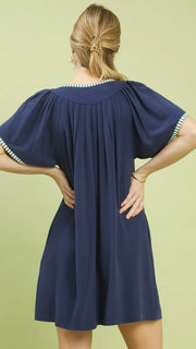 Stripe Trim Linen/Cotton Woven Dress