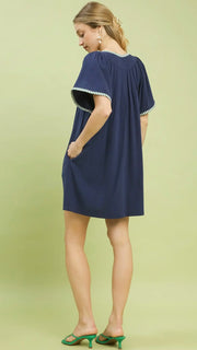Stripe Trim Linen/Cotton Woven Dress