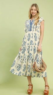 Paisley Floral Crochet Trim Midi Dress