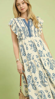 Paisley Floral Crochet Trim Midi Dress