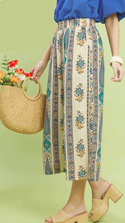 Boho Floral+Stripe Crop Wide Leg Pants