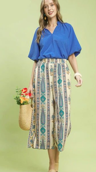 Boho Floral+Stripe Crop Wide Leg Pants