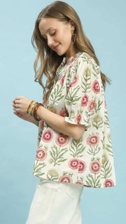 Cotton Floral Smocked Yoke Top