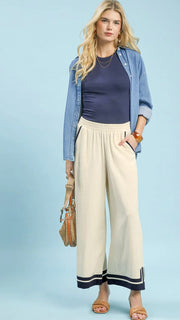 Border Trim Linen/Cotton Wide Leg Pants