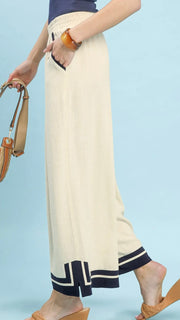 Border Trim Linen/Cotton Wide Leg Pants