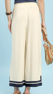 Border Trim Linen/Cotton Wide Leg Pants
