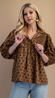 Wheat Print Smocked Yoke Top