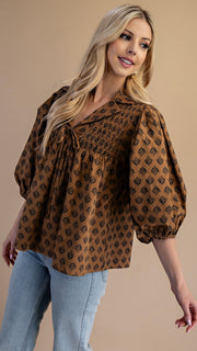 Wheat Print Smocked Yoke Top