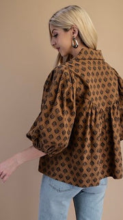 Wheat Print Smocked Yoke Top