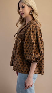 Wheat Print Smocked Yoke Top