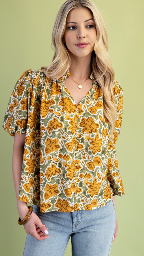 Leaf Print Puff Short Sleeve Top