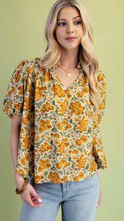 Leaf Print Puff Short Sleeve Top