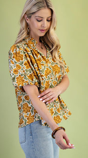 Leaf Print Puff Short Sleeve Top